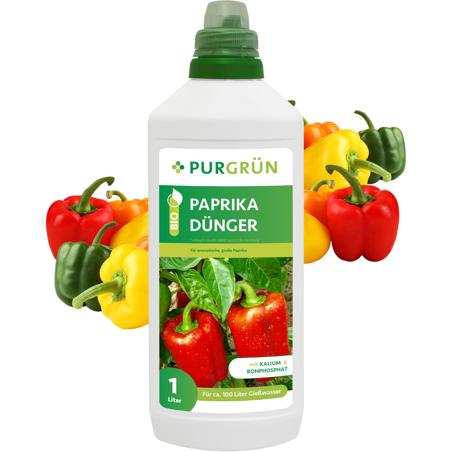 Eine 1-Liter-Flasche Purgrün Bio-Paprika-Dünger mit roter Paprika auf dem Etikett, umgeben von frischen roten, gelben und grünen Paprikaschoten. Idealer Flüssigdünger für lebendige Paprikapflanzen.