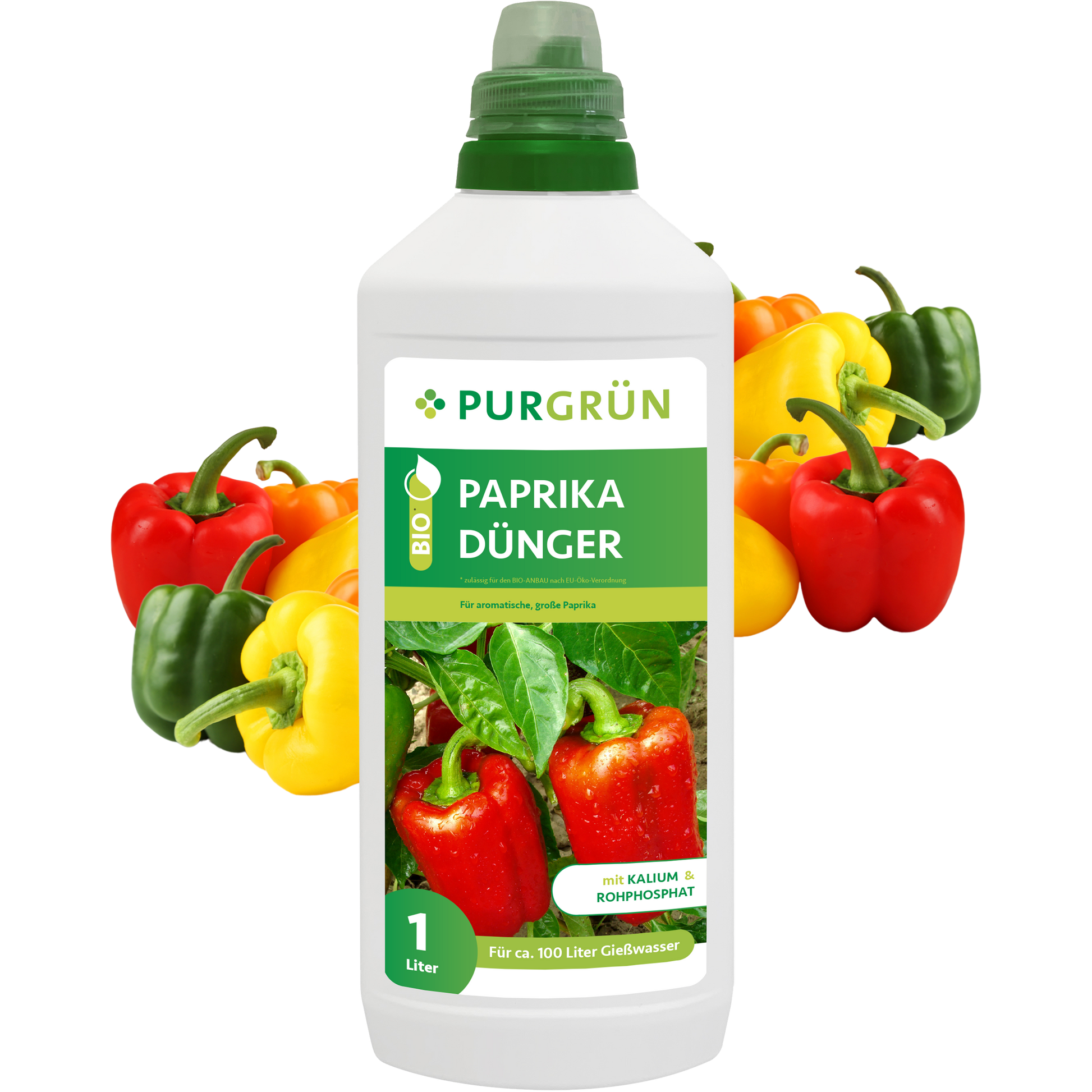 Eine 1-Liter-Flasche Purgrün Bio-Paprika-Dünger mit roter Paprika auf dem Etikett, umgeben von frischen roten, gelben und grünen Paprikaschoten. Idealer Flüssigdünger für lebendige Paprikapflanzen.