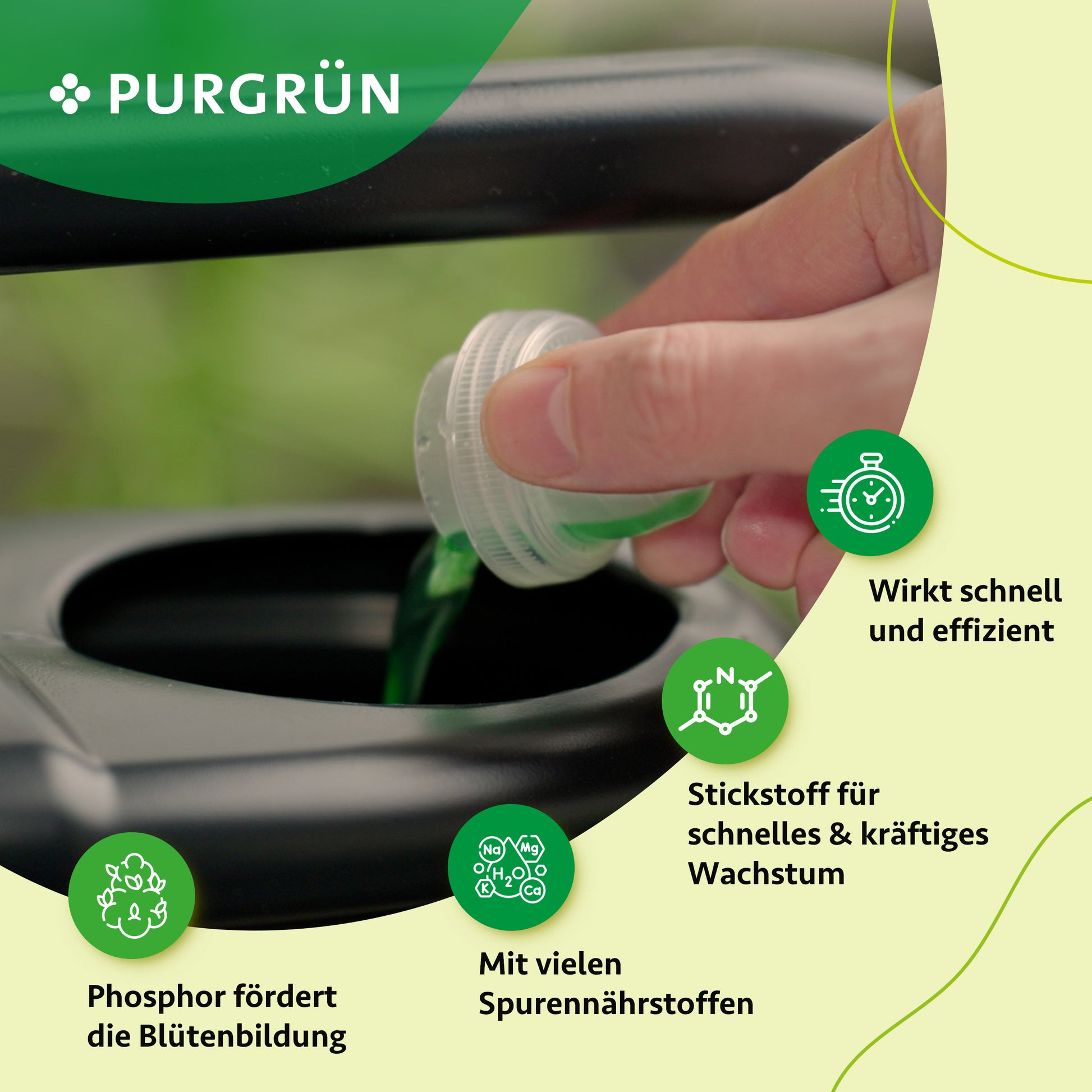 Eine Hand gießt grünes Purgrün Hybrid-Dünger-Set (2 x 1 Liter) in einen Behälter, wobei der deutsche Text die schnelle Wirkung auf das Pflanzenwachstum, Stickstoff für eine schnelle Entwicklung, Phosphor für die Blüte und wichtige Spurennährstoffe hervorhebt.