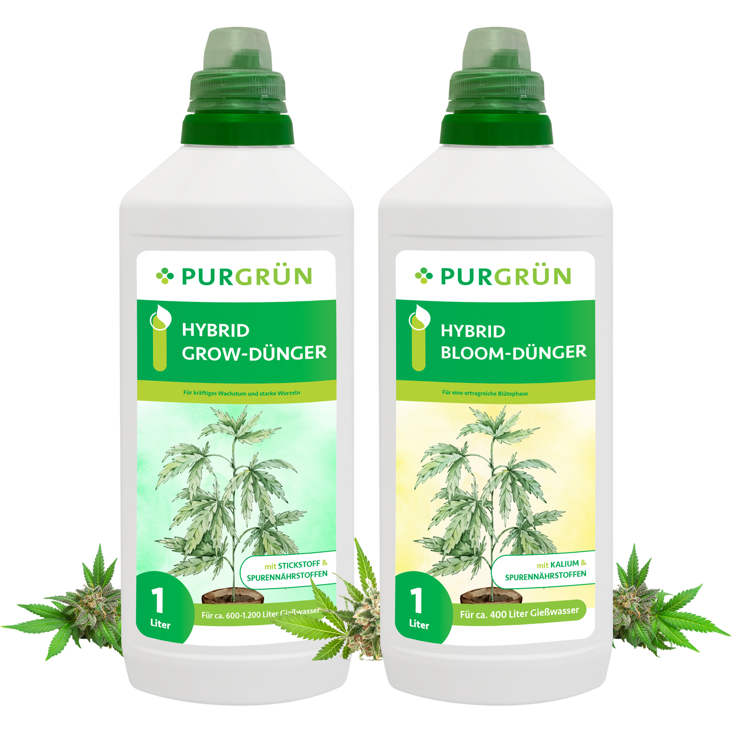 Das Purgrün Hybrid-Dünger-Set 2 x 1 Liter umfasst zwei weiße Flaschen mit grünen Verschlüssen – HYBRID GROW-DÜNGER und HYBRID BLOOM-DÜNGER – mit Pflanzenbildern und Cannabisblättern, perfekt für jedes Blütestadium der Pflanzenentwicklung.
