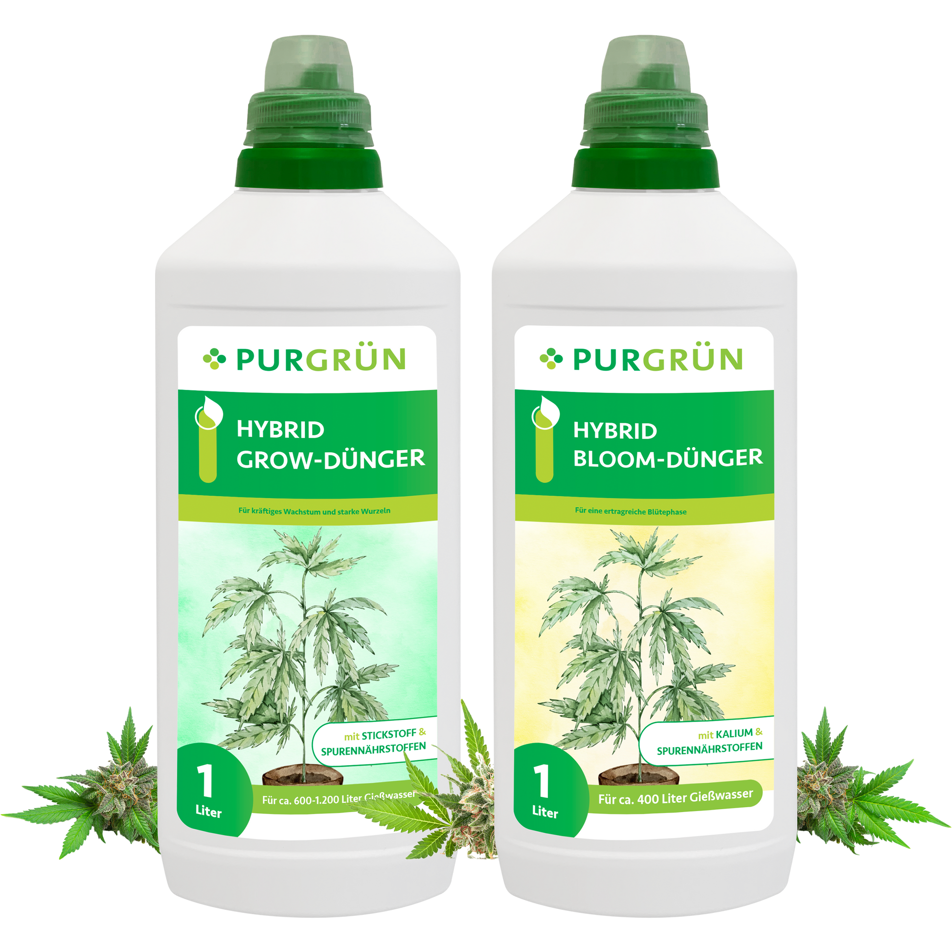 Das Purgrün Hybrid-Dünger-Set 2 x 1 Liter umfasst zwei weiße Flaschen mit grünen Verschlüssen – HYBRID GROW-DÜNGER und HYBRID BLOOM-DÜNGER – mit Pflanzenbildern und Cannabisblättern, perfekt für jedes Blütestadium der Pflanzenentwicklung.