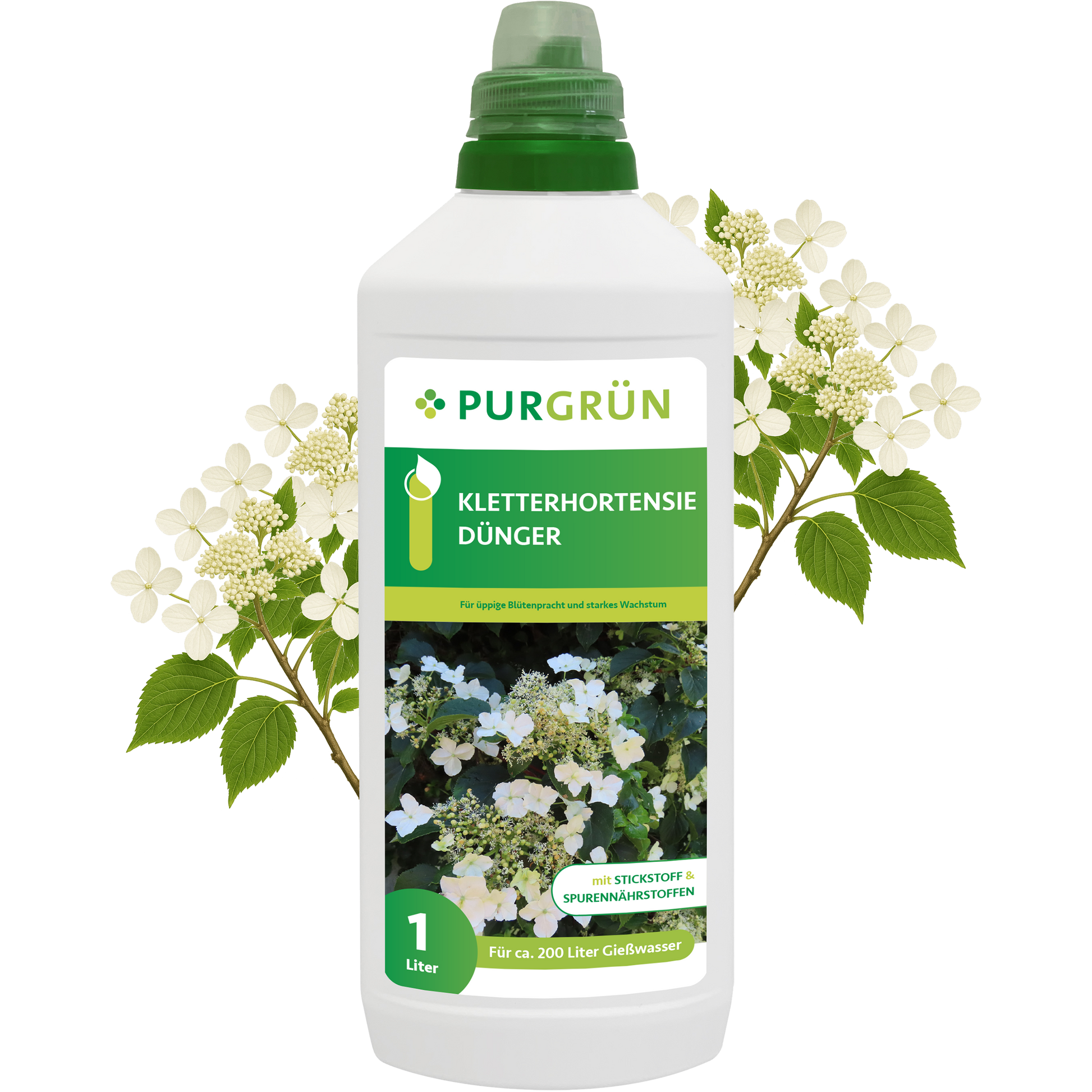Eine 1-Liter-Flasche Purgrün Kletterhortensie-Dünger mit grünem Deckel und Hortensien-Etikett. Dieser Dünger ist ideal für Kletterhortensien und unterstützt eine üppige Blüte; das Etikett weist auf die Verwendung für Kletterhortensien hin.