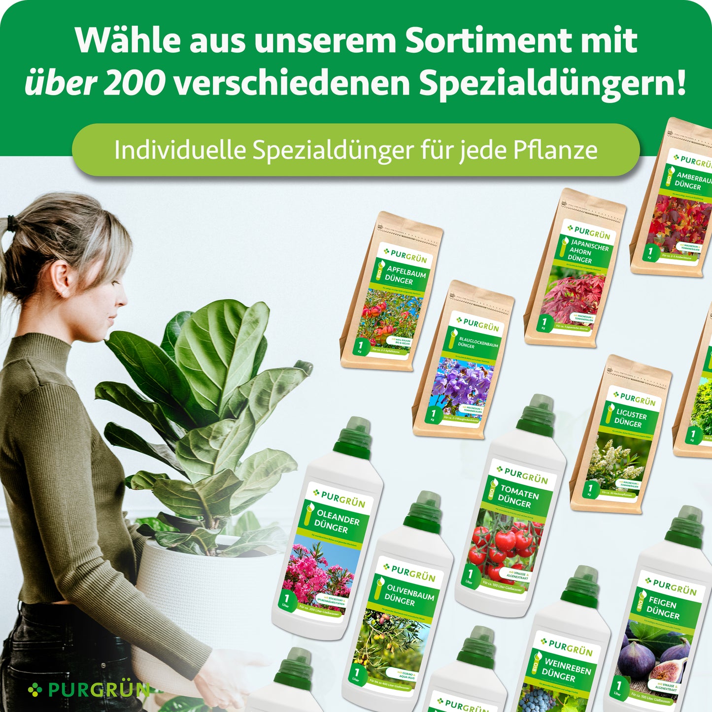 Eine Frau hält eine große Topfpflanze, umgeben von Purgrün Dünger-Produkten. Grüne Banner weisen darauf hin: Wähle aus über 200 Spezialdüngern, z.B. Purgrün Oleander-Dünger 1 Liter für optimale Oleander-Pflege und langanhaltende Blütenpracht!.