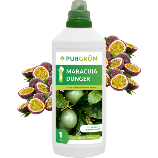 Die 1-Liter-Flasche Purgrün Bio-Maracuja-Dünger eignet sich dank ihrer organisch-mineralischen Zusammensetzung ideal für Maracujapflanzen.