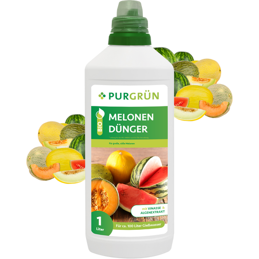 Der 1-Liter-Purgrün Bio-Melonen-Dünger präsentiert auf seinem grün-weißen Etikett verschiedene Melonenmotive. Dieser Bio-Dünger ergibt ca. 100 Liter Lösung zur Pflege von Melonen.
