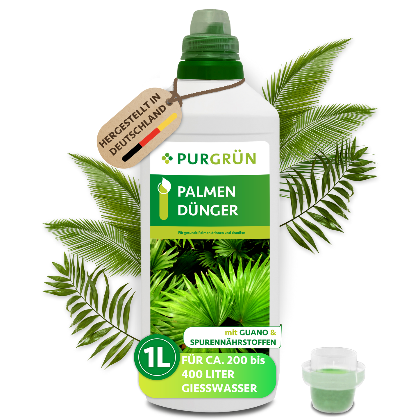 Purgrün Palmendünger 1 Liter – ideal für Zimmer- und Gartenpalmen, angereichert mit Guano, Spurennährstoffen und optimaler Stickstoffversorgung. Inklusive Messkappe und Made in Germany-Etikett, abgebildet mit grünen Palmblättern.