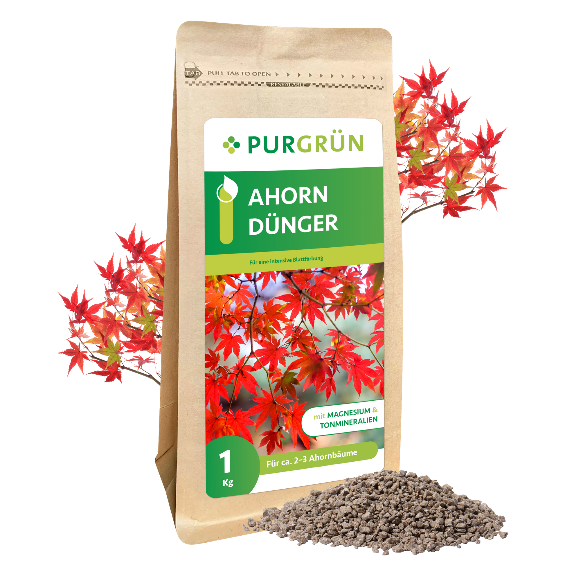 Ein brauner 1 kg-Sack Purgrün Ahorn-Dünger für Ahornbäume, mit roten Ahornblättern im Hintergrund und grauem Granulat im Vordergrund. Das Etikett hebt den Zusatz von Magnesium und Spurenelementen hervor.