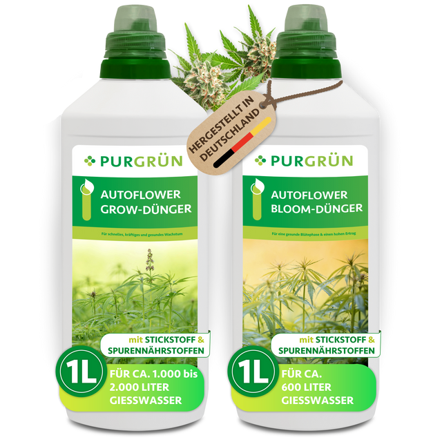 Zwei 1-Liter-Flaschen des Purgrün Autoflower-Dünger-Sets mit der Aufschrift „Grow-Dünger“ und „Bloom-Dünger“ sind mit grünen Deckeln, Bildern von Cannabispflanzen und der Aufschrift „Hergestellt in Deutschland“ versehen.