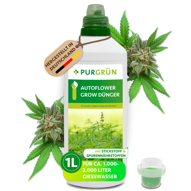 1-Liter-Flasche Purgrün Autoflower-Grow-Dünger mit Dosierkappe, Cannabisblüten und Hinweis auf ca. 1.000–2.000 Liter Gießwasser.
