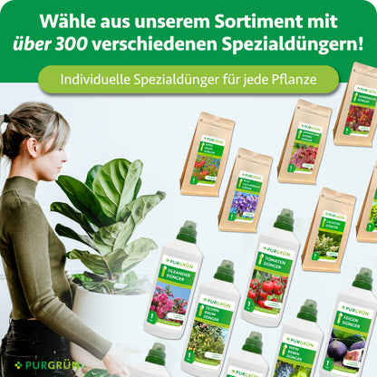 Links hält eine Person eine Topfpflanze. Rechts ist Purgrün Bio-Avocado-Dünger 1 Liter abgebildet. Der deutsche Text weist auf über 300 Spezialdünger in Flaschen und Beuteln von Purgrün für verschiedene Pflanzenarten hin.