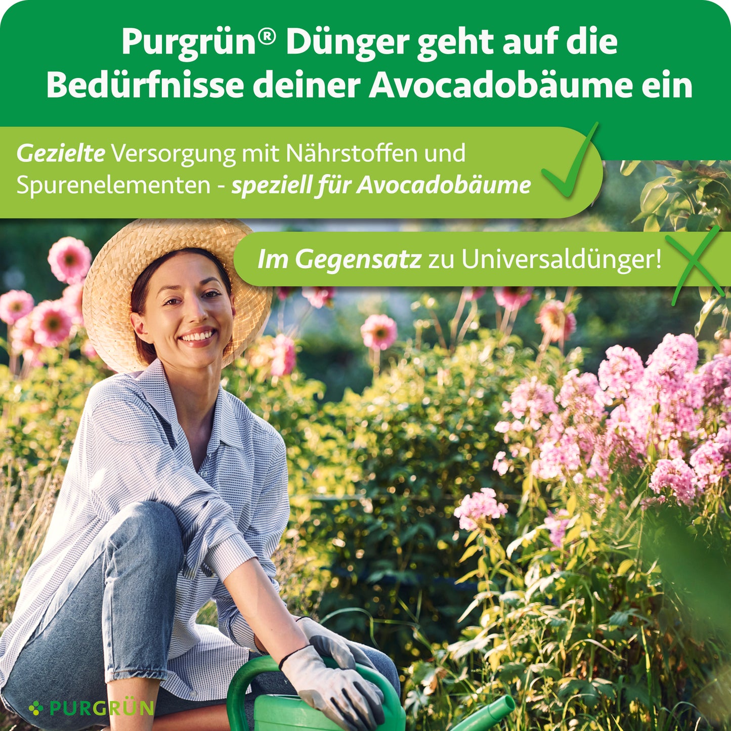Eine lächelnde Frau mit Hut und Handschuhen kniet in einem Garten und hält eine kleine Schaufel in der Nähe von grünen Avocadobäumen und rosa Blüten. Der Text wirbt für Purgrün Bio-Avocado-Dünger 1 Liter für gesunde Avocadobäume.