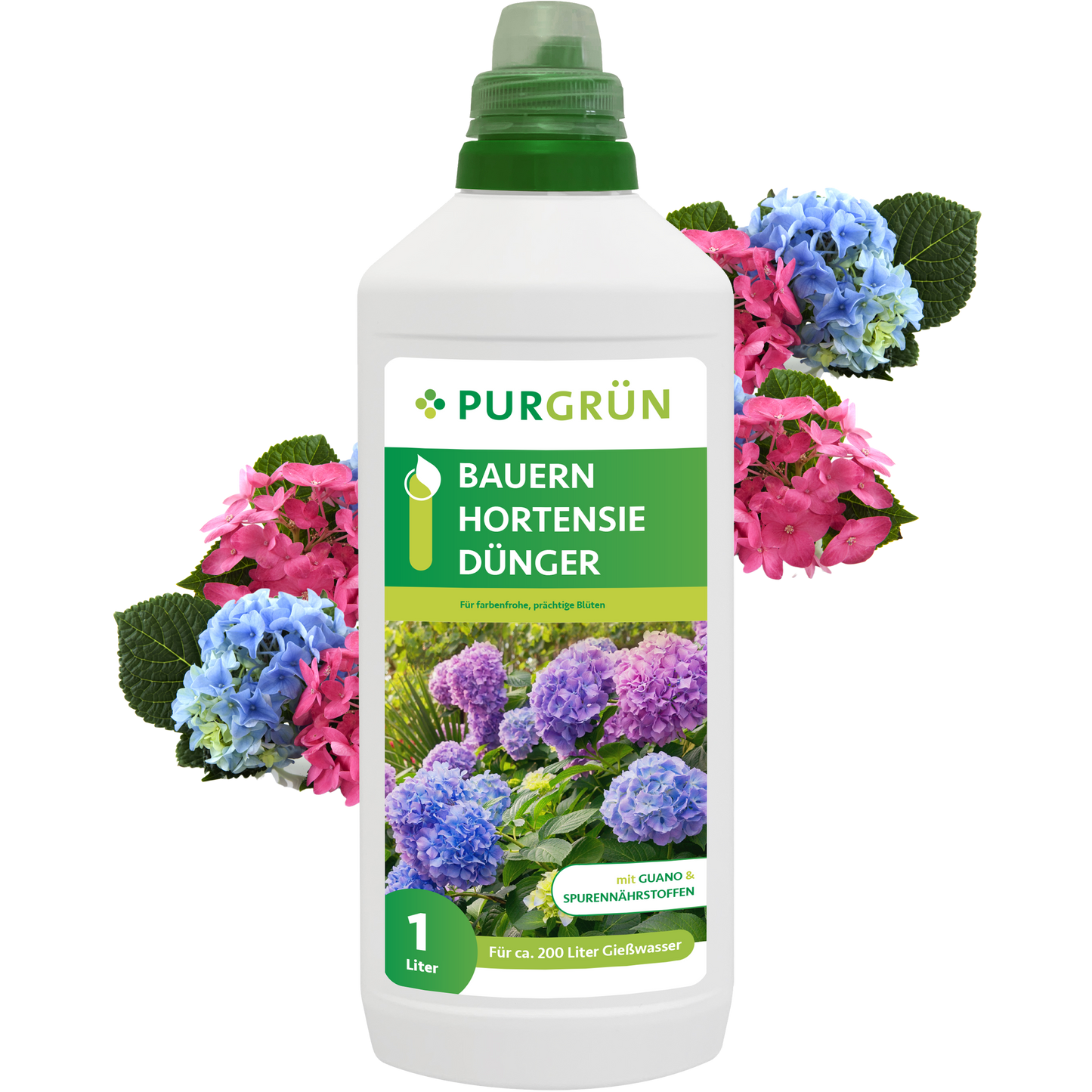 Eine 1-Liter-Flasche Purgrün Bauernhortensie-Dünger mit grüner Kappe, die auf dem Etikett und im Hintergrund leuchtend blaue und rosa Hortensienblüten zeigt.