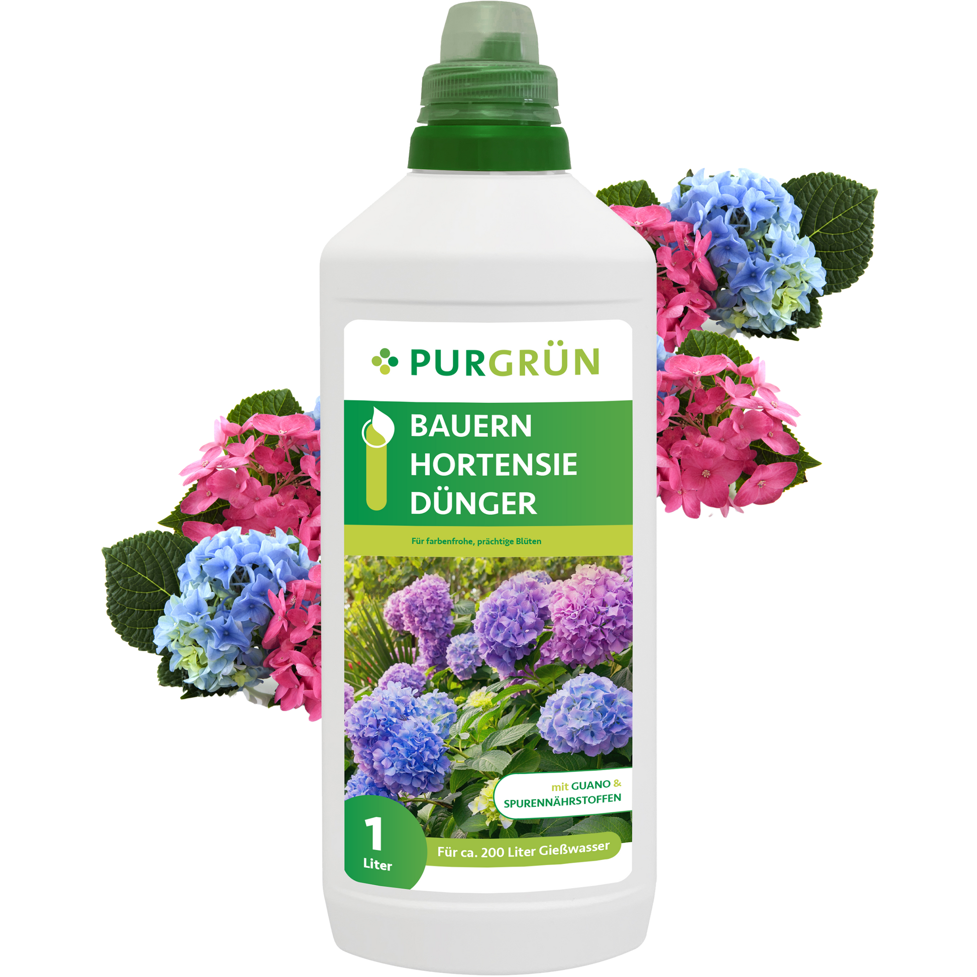 Eine 1-Liter-Flasche Purgrün Bauernhortensie-Dünger mit grüner Kappe, die auf dem Etikett und im Hintergrund leuchtend blaue und rosa Hortensienblüten zeigt.