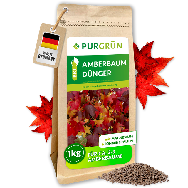 Purgrün Bio-Amberbaum-Dünger im 1-kg-Beutel für ca. 2–3 Amberbäume, mit roten Blättern und feinem Granulat.