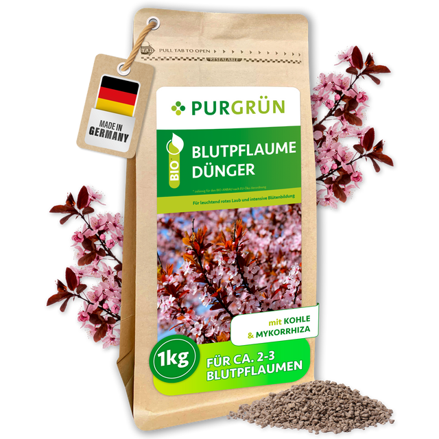 Purgrün Bio-Blutpflaume-Dünger, 1 kg, im Standbeutel mit Blütenmotiv und losem Granulat; mit Kohle und Mykorrhiza.