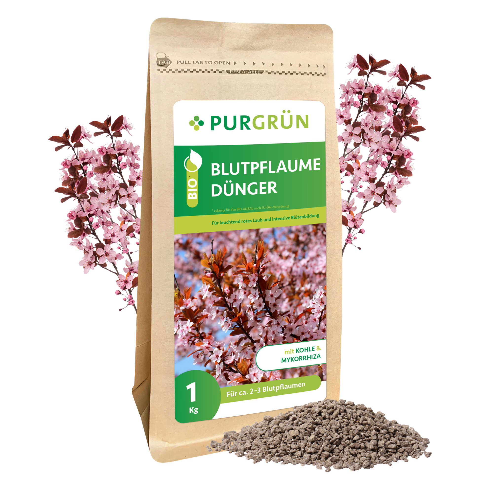 Ein 1 kg schwerer brauner Purgrün Bio-Blutpflaumen-Dünger-Beutel mit Pflaumenblütenmotiven steht aufrecht mit losem grauen Granulat auf der Vorderseite - ideal zum Düngen von Blutpflaumen. Hinter der Verpackung sind rosa Pflaumenzweige zu sehen.
