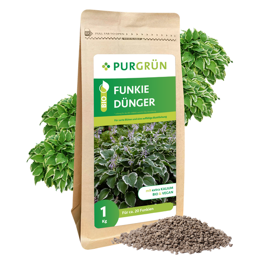 Ein 1 kg-Sack Purgrün Bio-Funkie-Dünger, auf dessen Etikett Hosta-Pflanzen (Funkien) abgebildet sind. Neben dem Beutel sind grünes Laub und ein Granulathügel zu sehen.