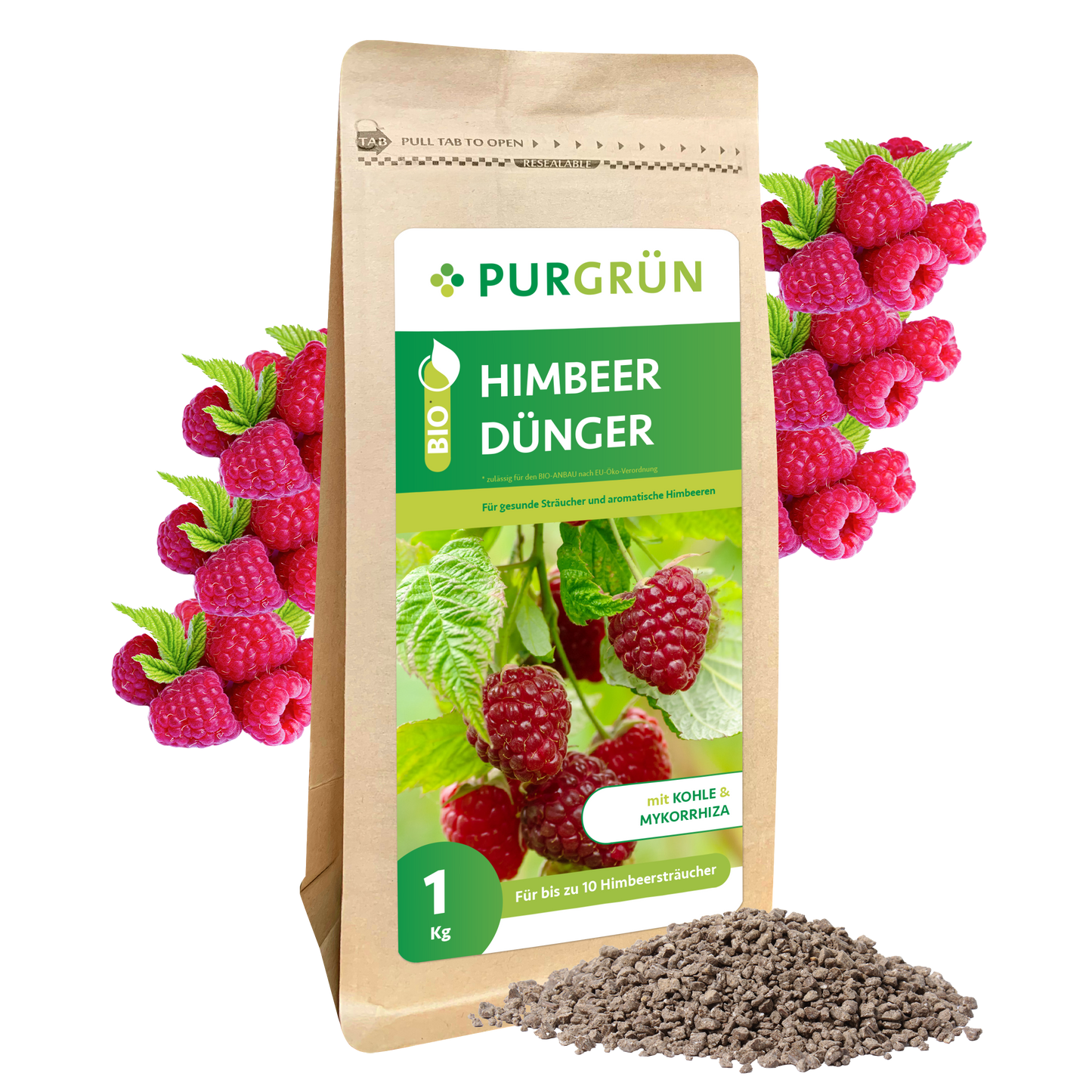 Der Purgrün Bio-Himbeerdünger 1 kg enthält Himbeerbilder und -granulat. Mit Pflanzenkohle und Mykorrhiza ist er ideal für bis zu 10 Sträucher und unterstützt ein gesundes organisches Wachstum.