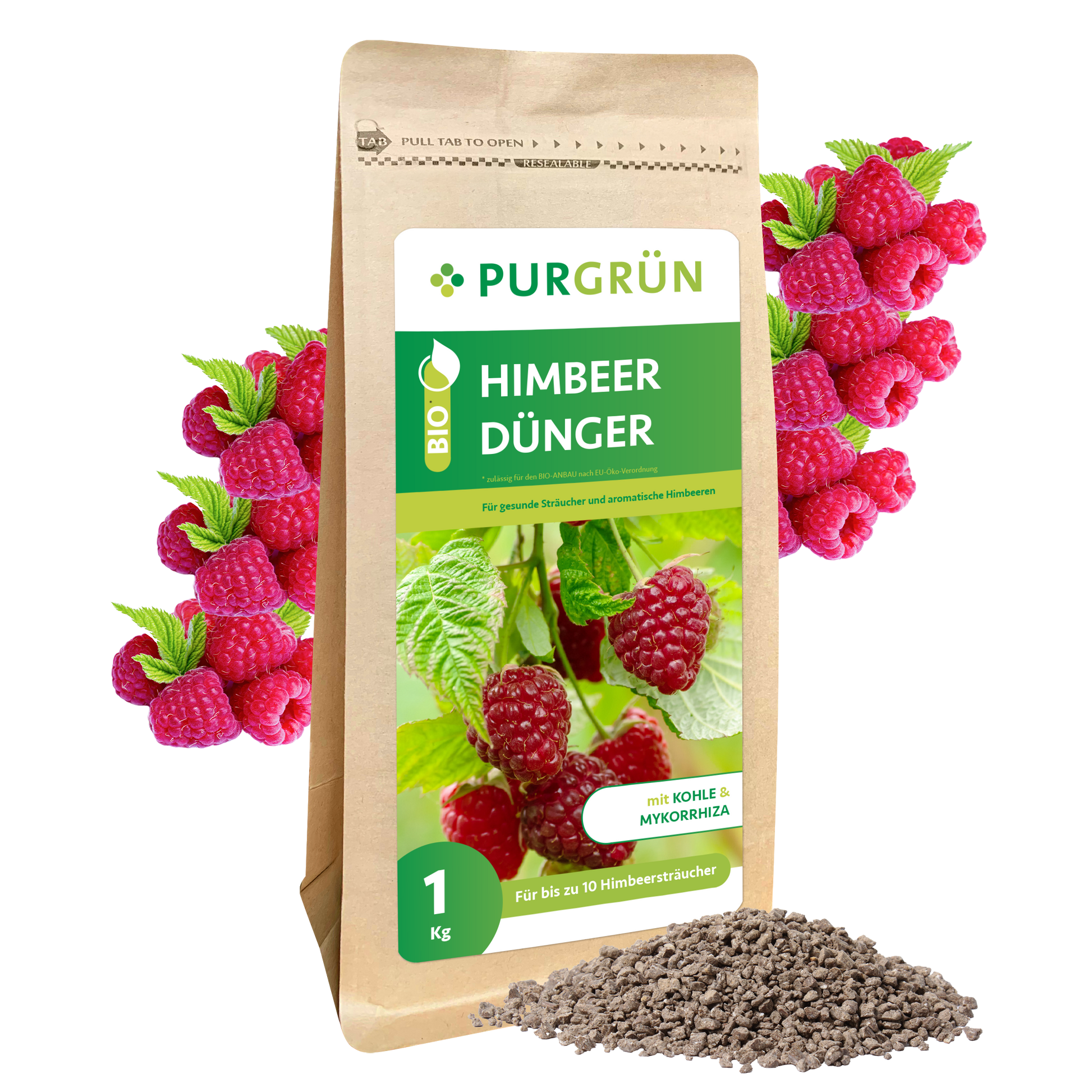 Der Purgrün Bio-Himbeerdünger 1 kg enthält Himbeerbilder und -granulat. Mit Pflanzenkohle und Mykorrhiza ist er ideal für bis zu 10 Sträucher und unterstützt ein gesundes organisches Wachstum.