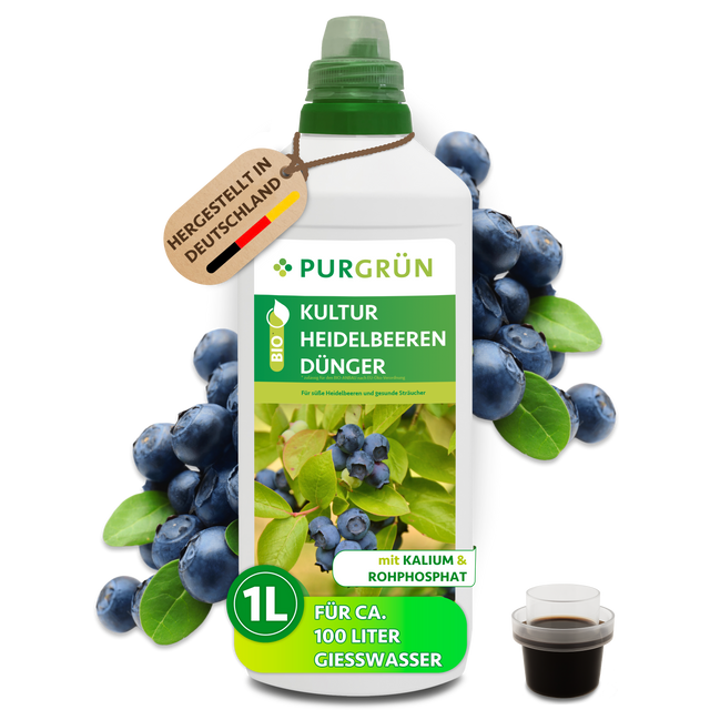 Purgrün Bio-Kulturheidelbeeren-Dünger, 1 Liter, mit Dosierkappe; ausreichend für ca. 100 Liter Gießwasser.