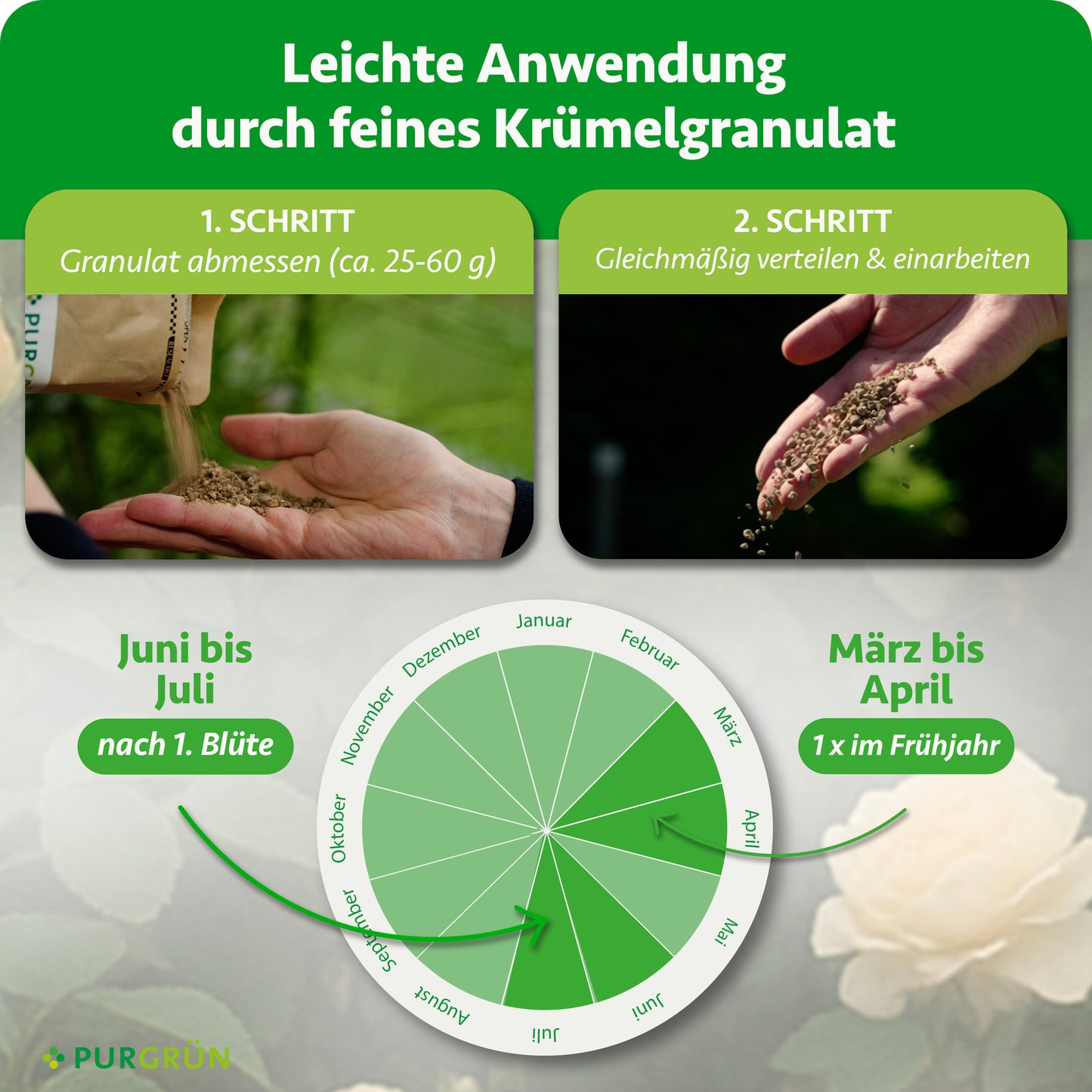 Anwendung: ca. 25–60 g Granulat abmessen, gleichmäßig im Wurzelbereich verteilen und einarbeiten. Im Frühjahr von März bis April und nach der ersten Blüte anwenden, letzte Gabe bis Ende Juli.