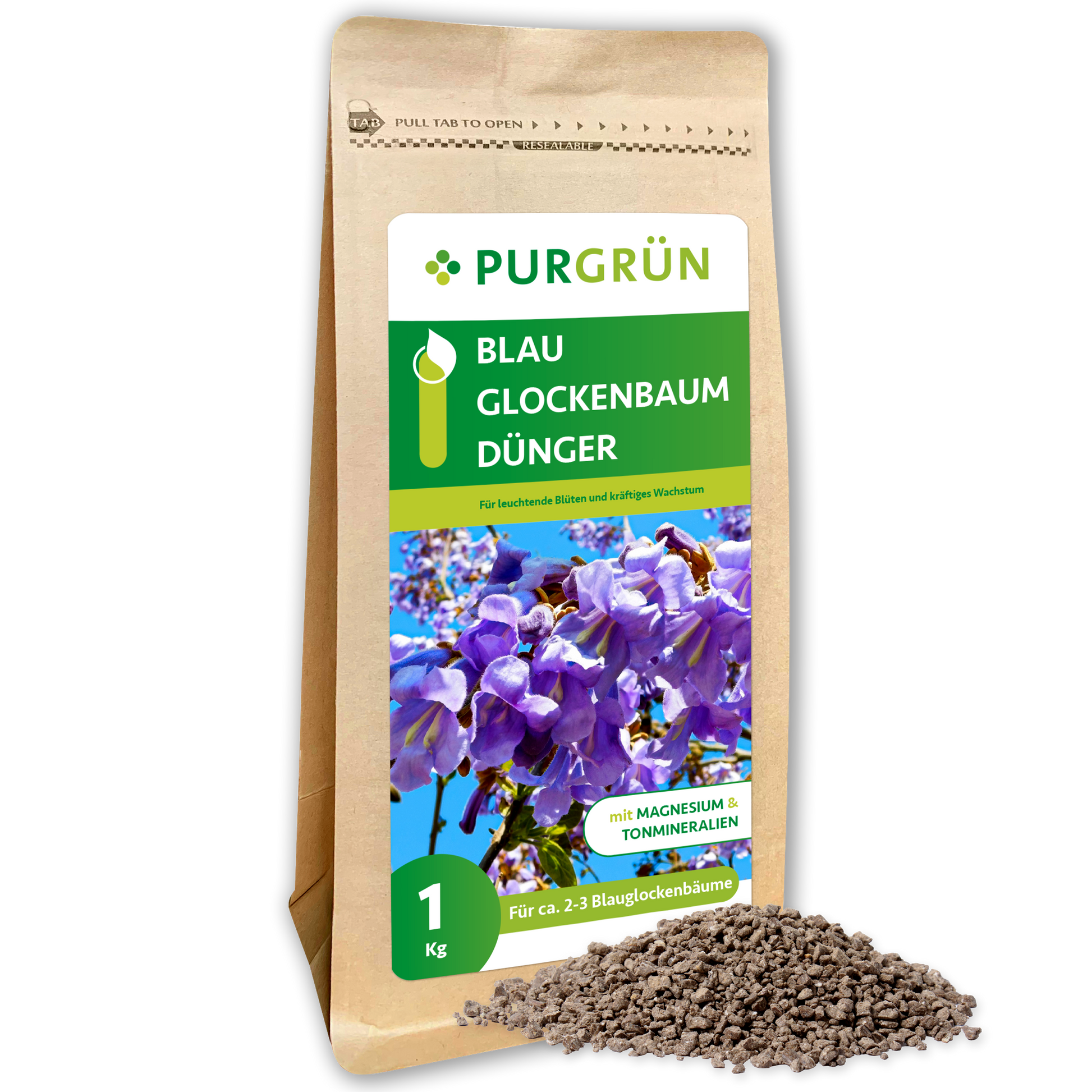 Ein brauner Purgrün Blauglockenbaum-Dünger 1 kg Beutel zeigt lila-blaue Glockenblüten; Vorne ist organisch-mineralischer Dünger-Granulat abgebildet. Geeignet zur Unterstützung des Pflanzenwachstums von 2–3 Bäumen.