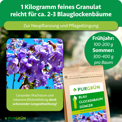 Ein Produktbild für Purgrün Blauglockenbaum-Dünger 1 kg zeigt blühende Paulownia-Bäume und die Düngerpackung mit Schwerpunkt auf organisch-mineralischem Dünger für optimales Wachstum, mit Dosierung und saisonalen Tipps für gesundes Wachstum und anhaltende Blüte.