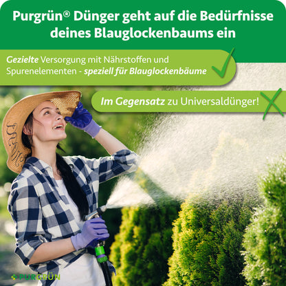 Eine Frau mit Hut und Handschuhen sprüht Purgrün Blauglockenbaum-Dünger 1 kg auf grüne Bäume. Der Text hebt die gezielte Düngung, das bessere Pflanzenwachstum und die Vorteile gegenüber Universaldüngern hervor.