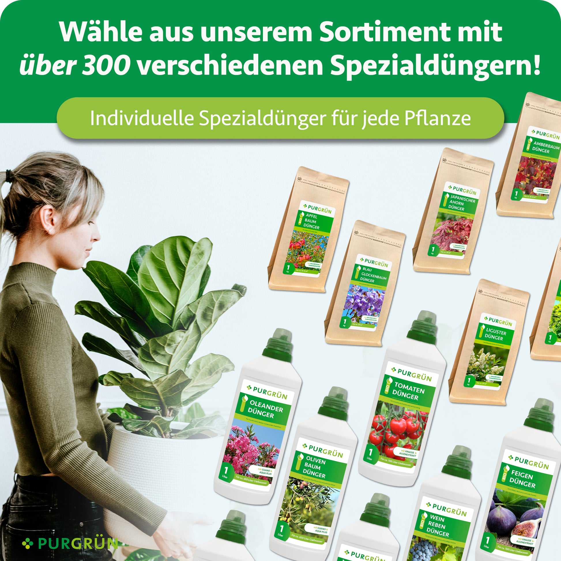 Eine Person hält eine Topfpflanze, umgeben von Purgrün-Düngerflaschen und -beuteln, die alle für gesundes Wachstum konzipiert sind. Der Text stellt über 300 Düngemittel von Purgrün vor, darunter Blauglockenbaum-Dünger 1 kg.