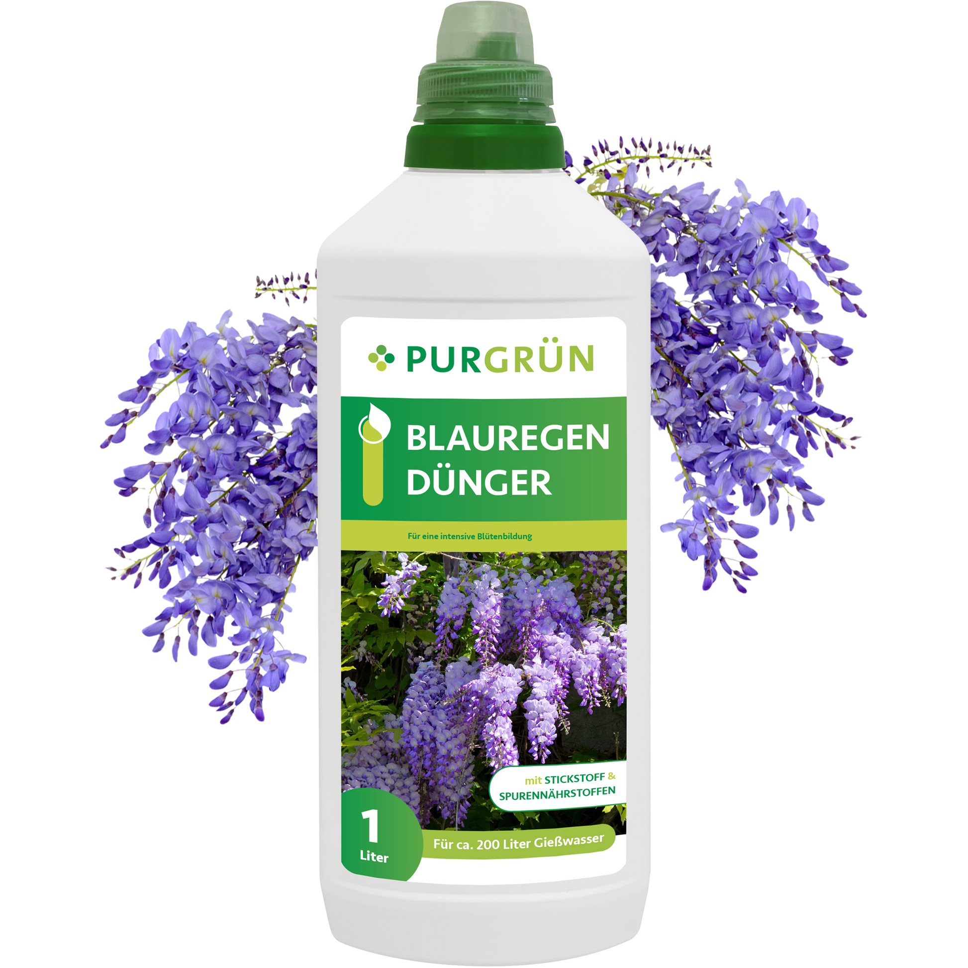 Purgrün Blauregen-Dünger 1 Liter kommt in einer Flasche mit grünem Deckel und lila Glyzinienblüten auf dem Etikett. Speziell für Blauregen-Pflanzen entwickelt, unterstützt er ein gesundes Wachstum und eine üppige Blüte.
