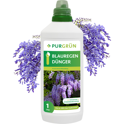 Purgrün Blauregen-Dünger 1 Liter kommt in einer Flasche mit grünem Deckel und lila Glyzinienblüten auf dem Etikett. Speziell für Blauregen-Pflanzen entwickelt, unterstützt er ein gesundes Wachstum und eine üppige Blüte.