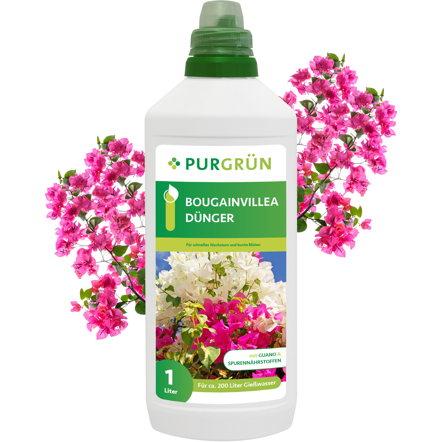 Eine weiße 1-Liter-Flasche Purgrün Bougainvillea-Dünger mit grüner Verschlusskappe ist ausgestellt. Auf dem Etikett sind rosa und weiße Bougainvillea-Blüten und ein deutscher Text abgebildet. Rosa Bougainvillea-Blüten umgeben die Flasche.