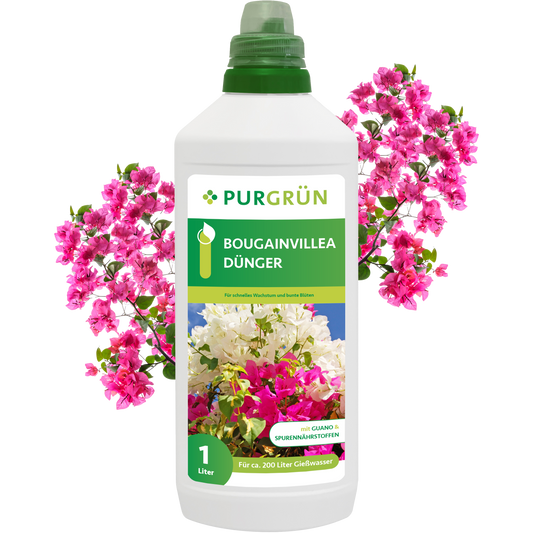 Eine weiße 1-Liter-Flasche Purgrün Bougainvillea-Dünger mit grüner Verschlusskappe ist ausgestellt. Auf dem Etikett sind rosa und weiße Bougainvillea-Blüten und ein deutscher Text abgebildet. Rosa Bougainvillea-Blüten umgeben die Flasche.
