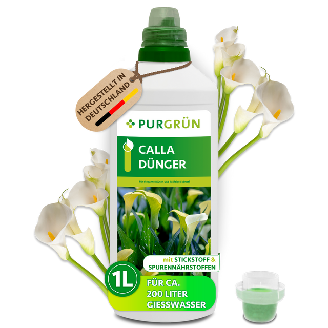 Purgrün Calla-Dünger, 1 Liter, mit Dosierkappe und Calla-Blüten; reicht für ca. 200 Liter Gießwasser.