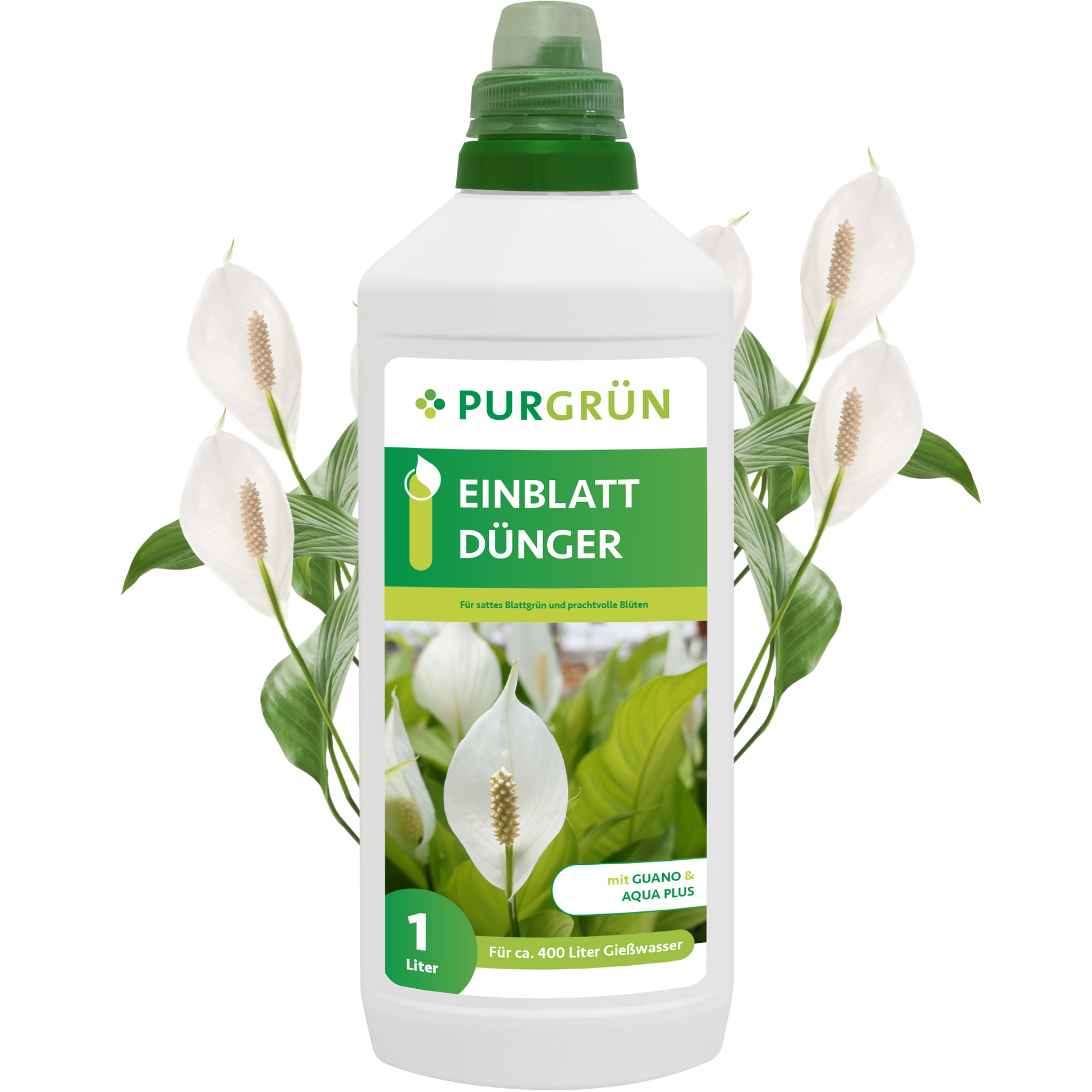 Eine 1-Liter-Flasche Purgrün Einblatt-Dünger zeigt auf dem Etikett weiße Friedenslilienblüten und grüne Blätter, im Hintergrund sind weitere Friedenslilien abgebildet.