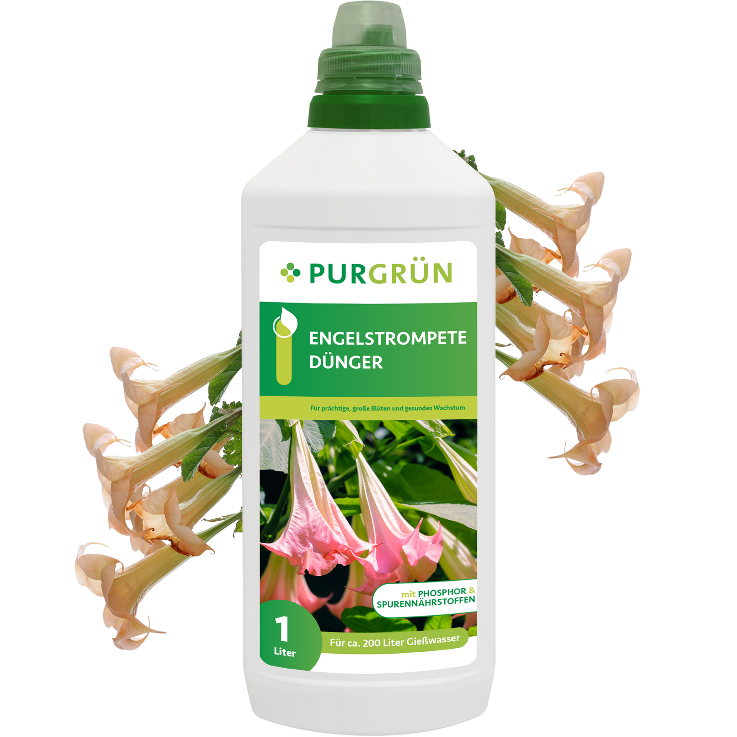 Der Purgrün Engelstrompete-Dünger 1 Liter, mit grüner Kappe und rosa Engelstrompetenblüten auf dem Etikett, fördert die gesunde Blüte von Engelstrompeten.