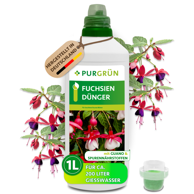 1-Liter-Flasche Purgrün Fuchsien-Dünger mit Dosierkappe und Fuchsienblüten; reicht für ca. 200 Liter Gießwasser.