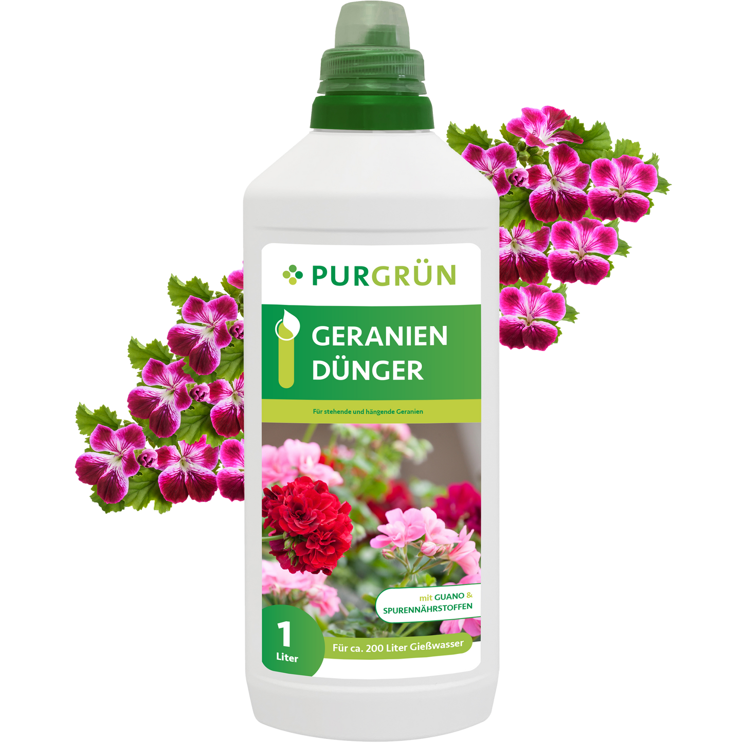 Eine 1-Liter-Flasche Purgrün Geraniendünger ist zwischen rosa und roten Geranienblüten abgebildet. Auf dem grün-weißen Etikett sind Blumen und deutsche Produktangaben abgebildet.