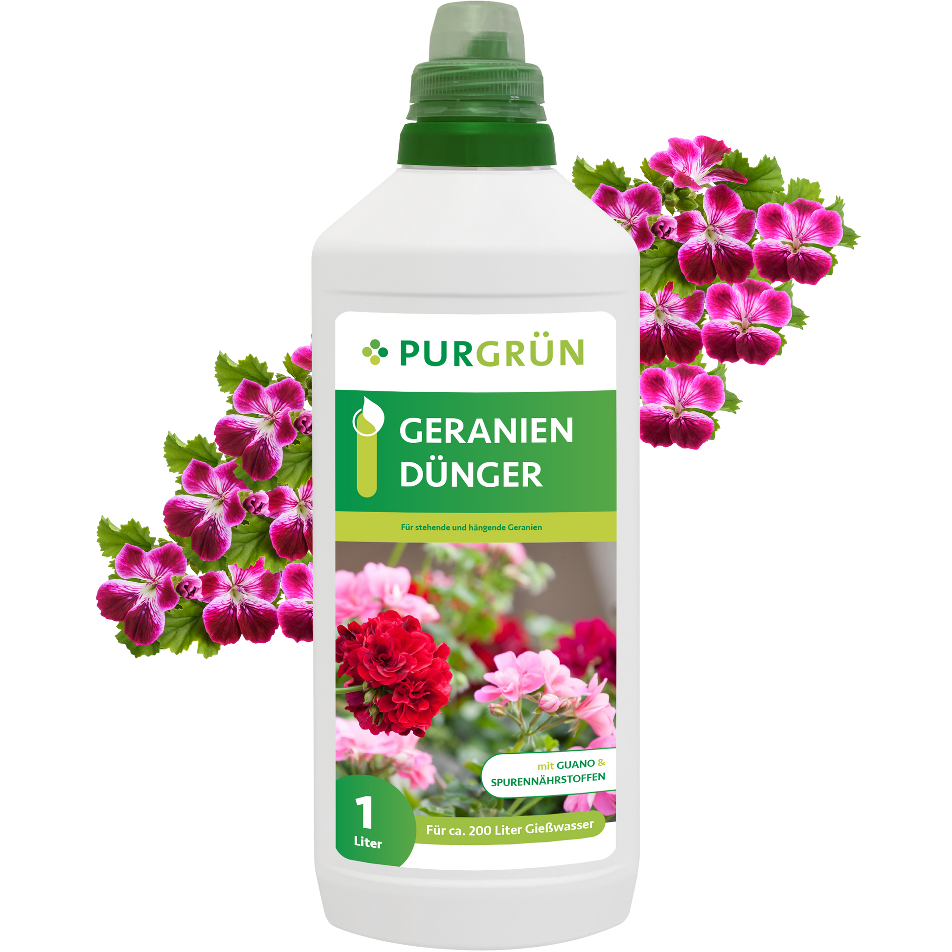 Eine 1-Liter-Flasche Purgrün Geraniendünger ist zwischen rosa und roten Geranienblüten abgebildet. Auf dem grün-weißen Etikett sind Blumen und deutsche Produktangaben abgebildet.