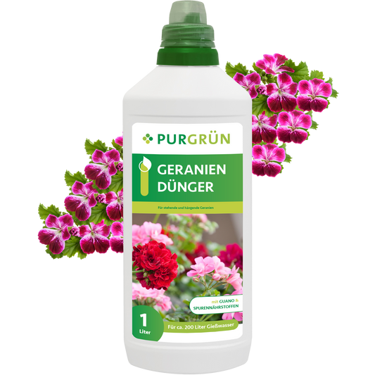 Eine 1-Liter-Flasche Purgrün Geraniendünger ist zwischen rosa und roten Geranienblüten abgebildet. Auf dem grün-weißen Etikett sind Blumen und deutsche Produktangaben abgebildet.