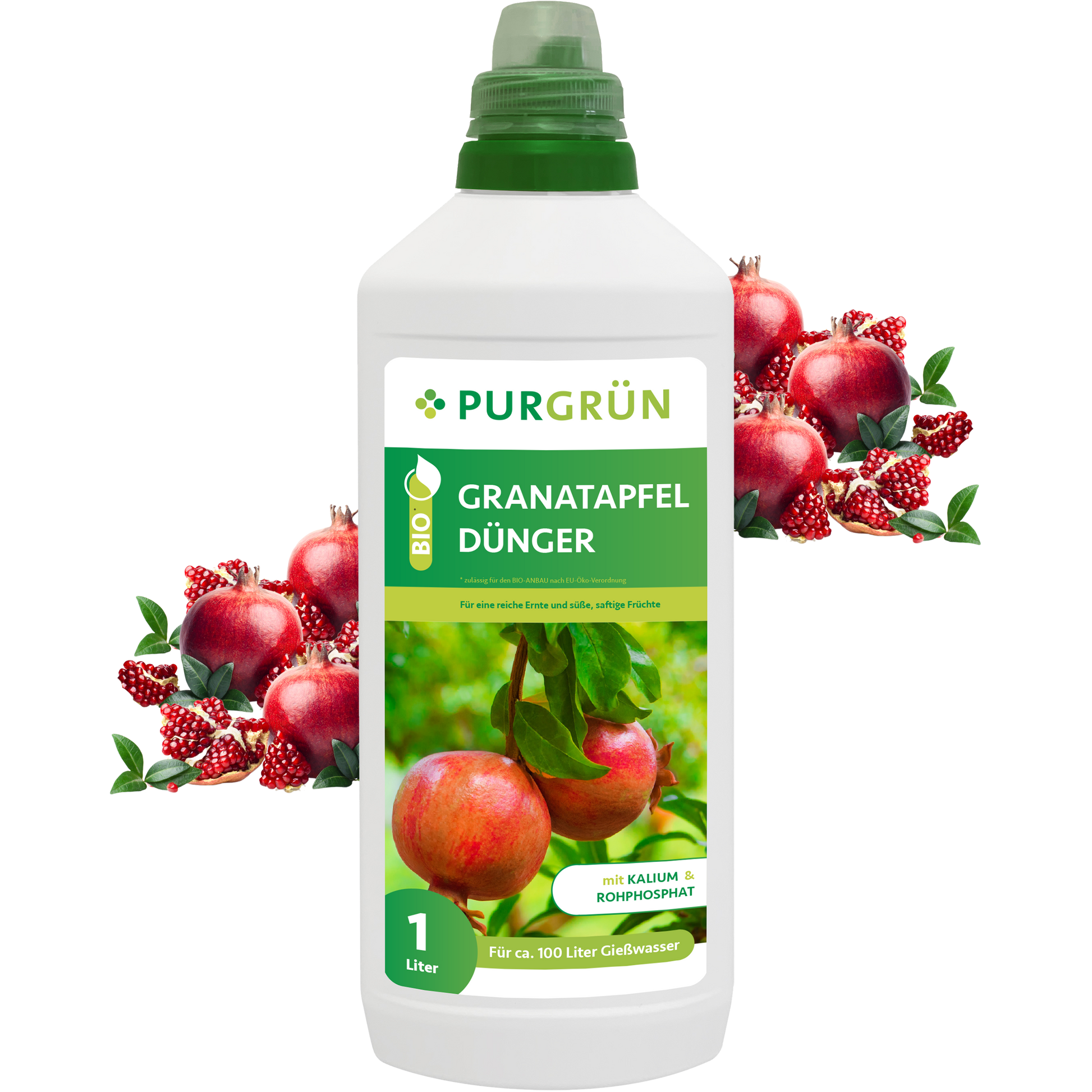 Abgebildet ist eine 1-Liter-Flasche Purgrün Bio-Granatapfel-Dünger mit grünem Verschluss und einem Etikett mit Granatäpfeln an einem Baum – ideal für Granatapfelbäume. Im Hintergrund sind frische ganze und halbierte Granatäpfel zu sehen.