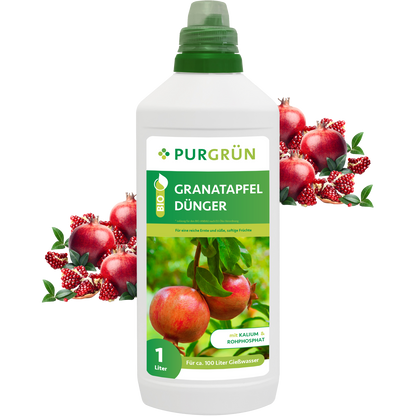 Abgebildet ist eine 1-Liter-Flasche Purgrün Bio-Granatapfel-Dünger mit grünem Verschluss und einem Etikett mit Granatäpfeln an einem Baum – ideal für Granatapfelbäume. Im Hintergrund sind frische ganze und halbierte Granatäpfel zu sehen.