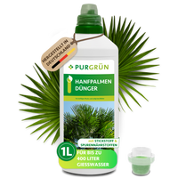 Purgrün Hanfpalmen-Dünger, 1 Liter, mit Dosierkappe für bis zu 400 Liter Gießwasser.
