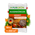 Purgrün Herbstrasendünger im 10-kg-Sack für 250 m², mit Hinweis „Schützt vor Frost“ und herbstlichem Rasenmotiv.