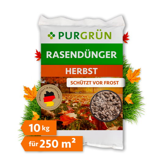 Purgrün Herbstrasendünger im 10-kg-Sack für 250 m², mit Hinweis „Schützt vor Frost“ und herbstlichem Rasenmotiv.