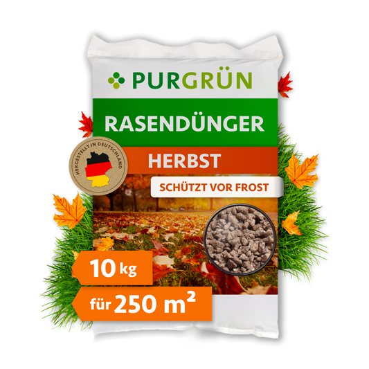 Purgrün Herbstrasendünger im 10-kg-Sack für 250 m², mit Hinweis „Schützt vor Frost“ und herbstlichem Rasenmotiv.