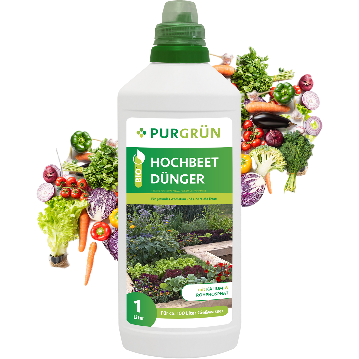 Eine 1-Liter-Flasche Purgrün Bio-Hochbeet-Dünger mit grünen Akzenten steht vor frisch geerntetem Gemüse und Kräutern und symbolisiert nachhaltiges Gärtnern und die Vorteile biologischer Nährstoffe.