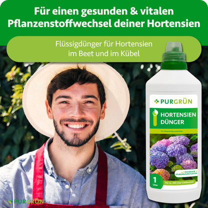 Ein lächelnder Mann mit Strohhut und roter Schürze steht hinter einer Flasche Purgrün Hortensiendünger 1 Liter, mit blühenden Hortensien und einem Text über gesunde Pflanzenernährung im Hintergrund.