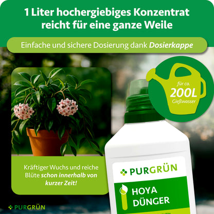 Ein Liter Konzentrat reicht für ca. 200 Liter Gießwasser und lässt sich mit der Dosierkappe einfach und sicher dosieren.