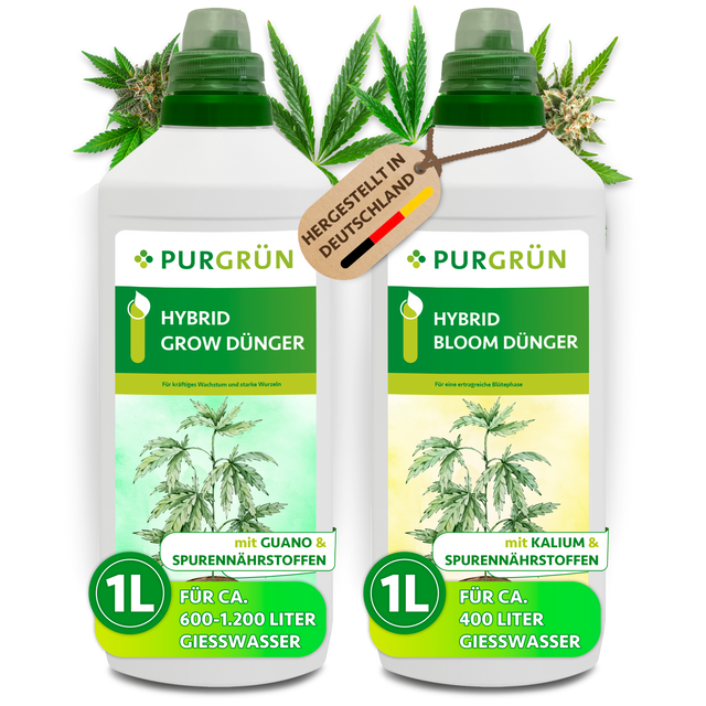Purgrün Hybrid-Dünger-Set mit je 1 Liter Grow- und Bloom-Dünger, Dosierkappen und Cannabisblättern.